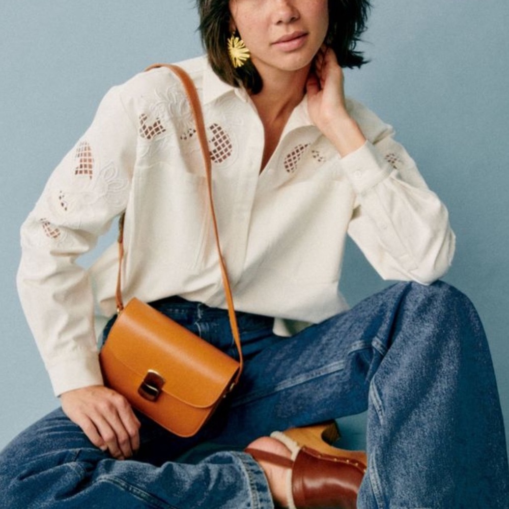 SEZANE NWT Ecru Floral Embroidered Cut Out Oversized Button Down Naora Shirt - Picture 7 of 17